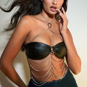 I.AM.GIA Black Bandeau Faux Leather Top with Silver Chain XS